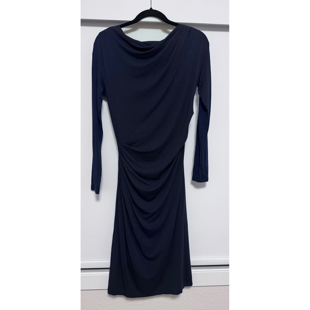 M.M. LaFleur Navy Blu Long Sleeve Draped Cowl Neck Ruched Midi Dress Modern Chic